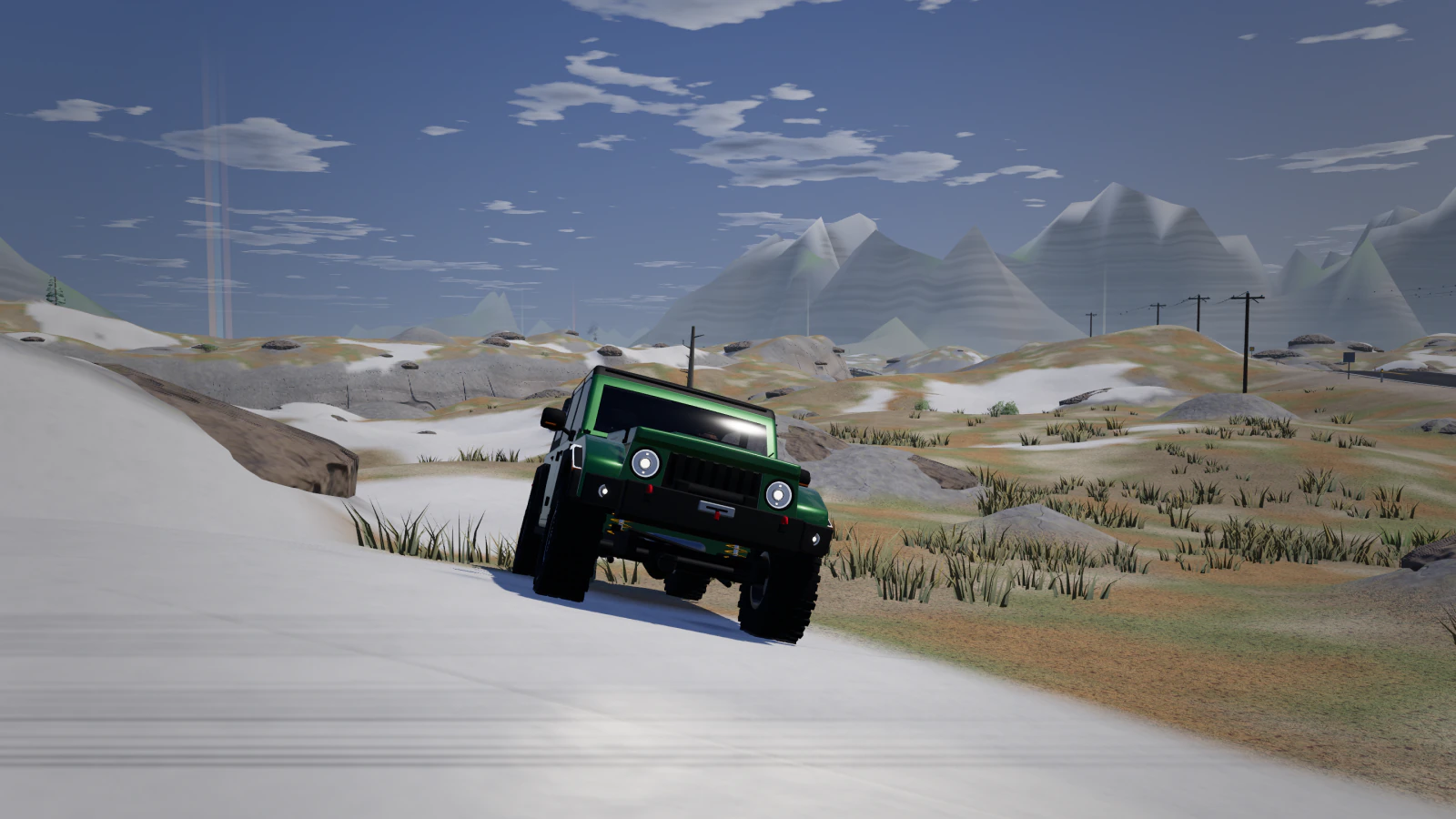 A green Trailcat Rubicon tilted on a snow drift with one wheel unloaded on open tundra, mountains on the horizon