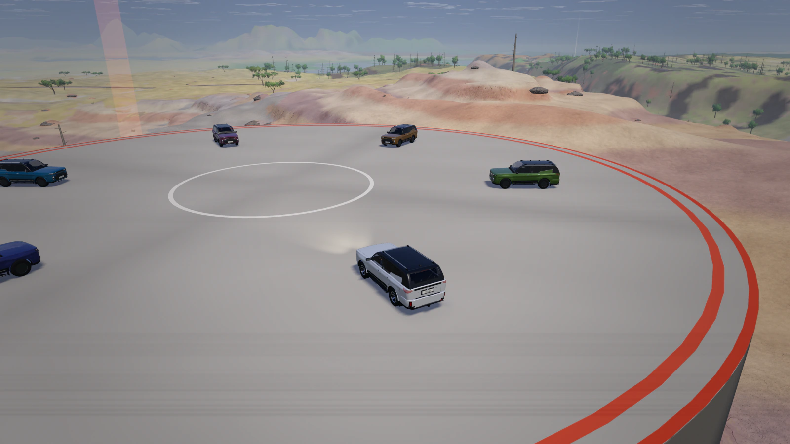 Sumo: six Taival TX SUVs, five of them bots, on a raised circular arena above the hills