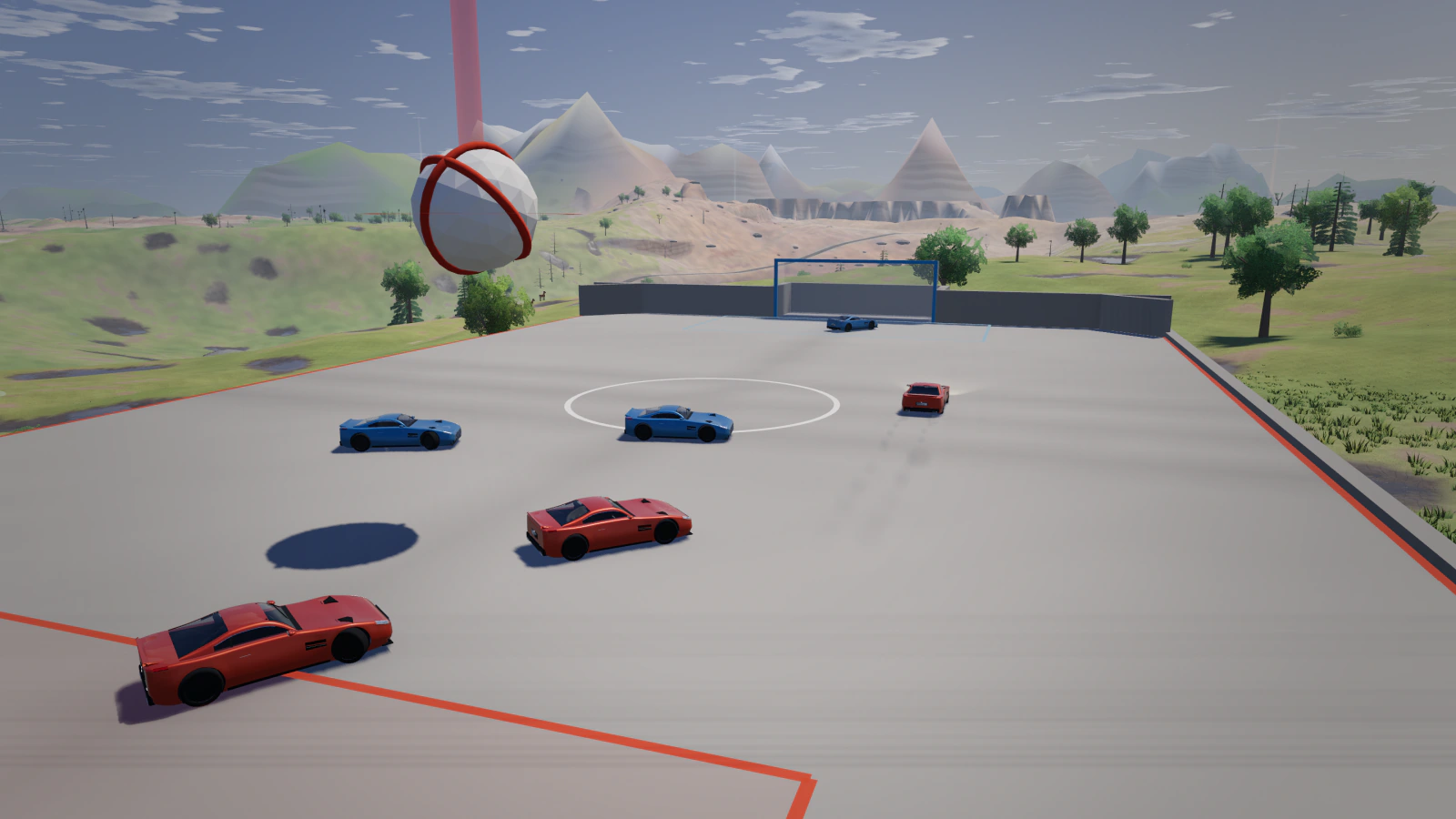 Car Soccer: red and blue Vantage GTs chase a giant ball across a walled arena pitch