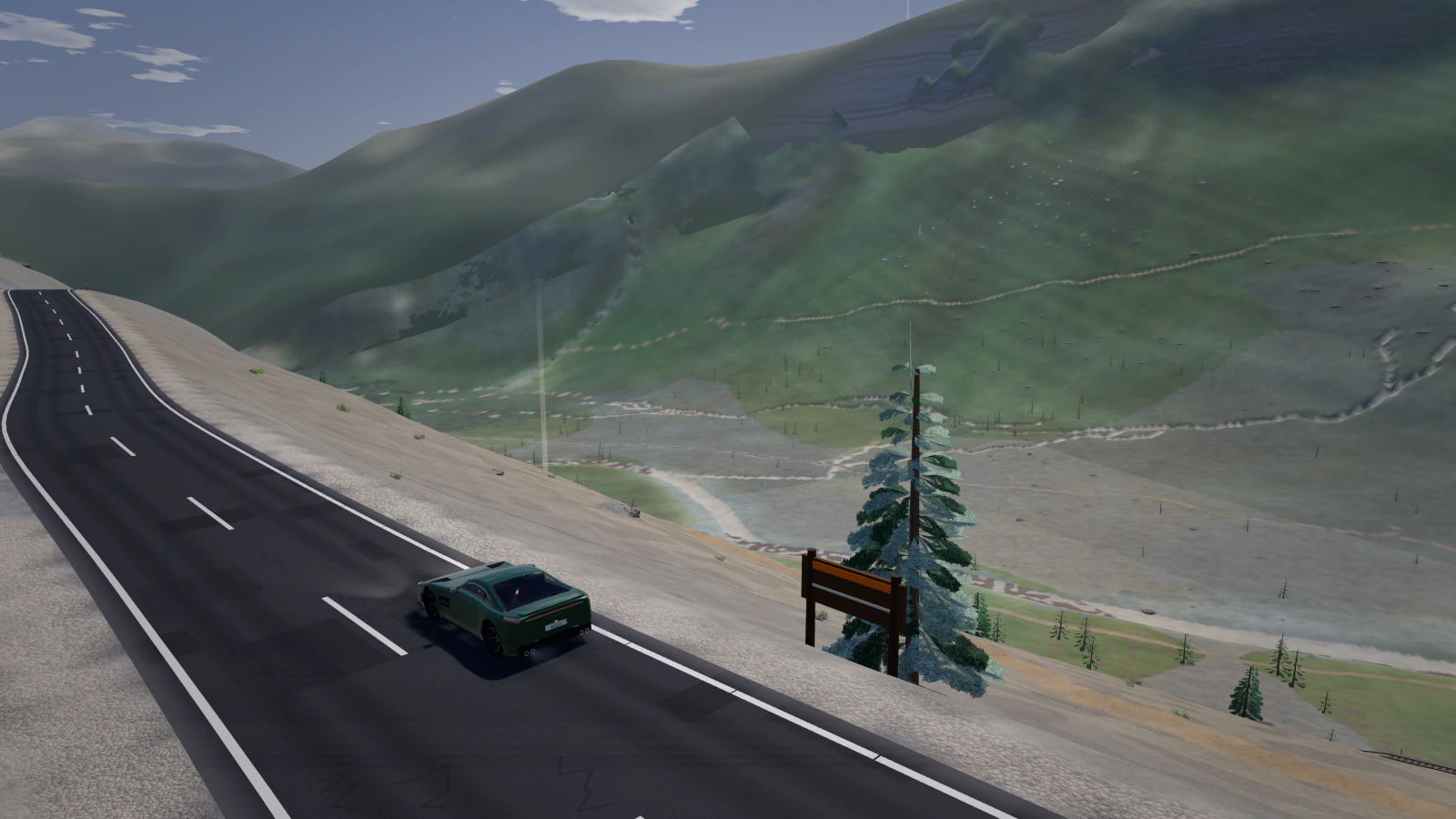 A green Vantage GT on the real Furka Pass road near Gletsch, Switzerland, the alpine valley far below